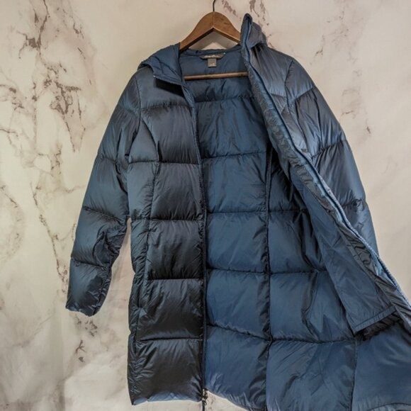Eddie Bauer Down Puffer Jacket Women Medium Blue Parka Coat Hood Long 650 FP - Picture 9 of 13